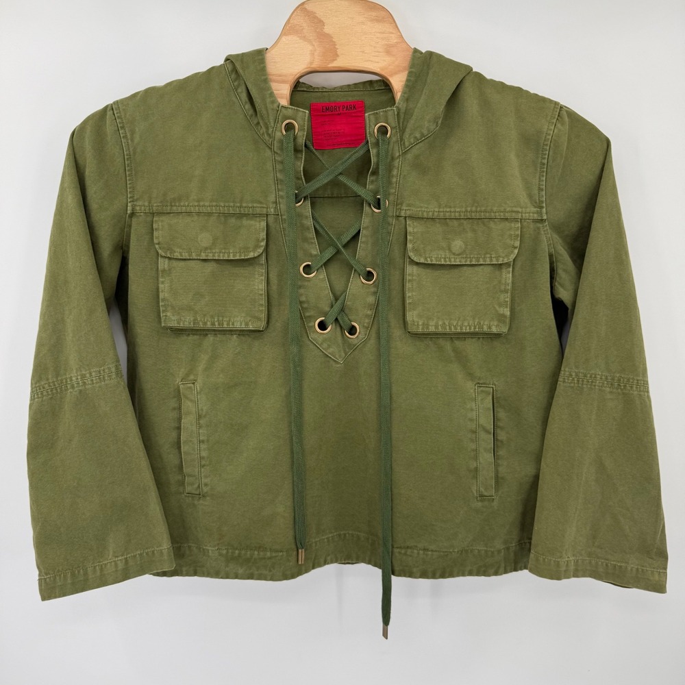 Emory Park Jacket Womens Medium Olive Green Lace Up Hooded Utility Canvas IM185T